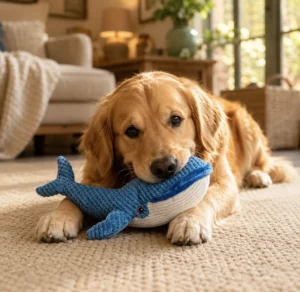 Blue whale squeaky plush dog toy with a playful whale shape