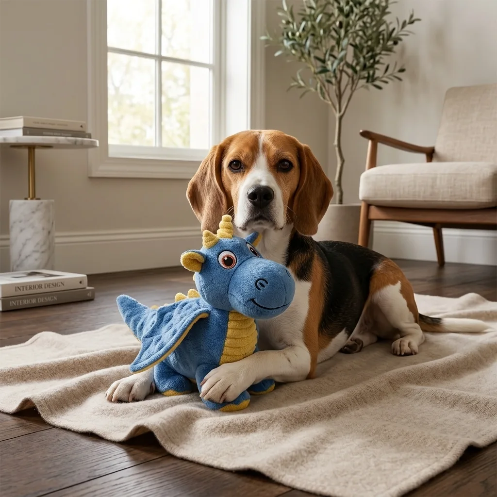 Dragon squeaky plush dog toy with a fun cartoon dragon design