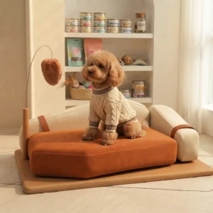 Arden velvet dog sofa bed with terracotta cushion