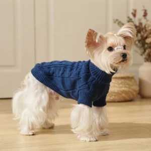 Blue twisted knit dog hoodie with a textured knit design