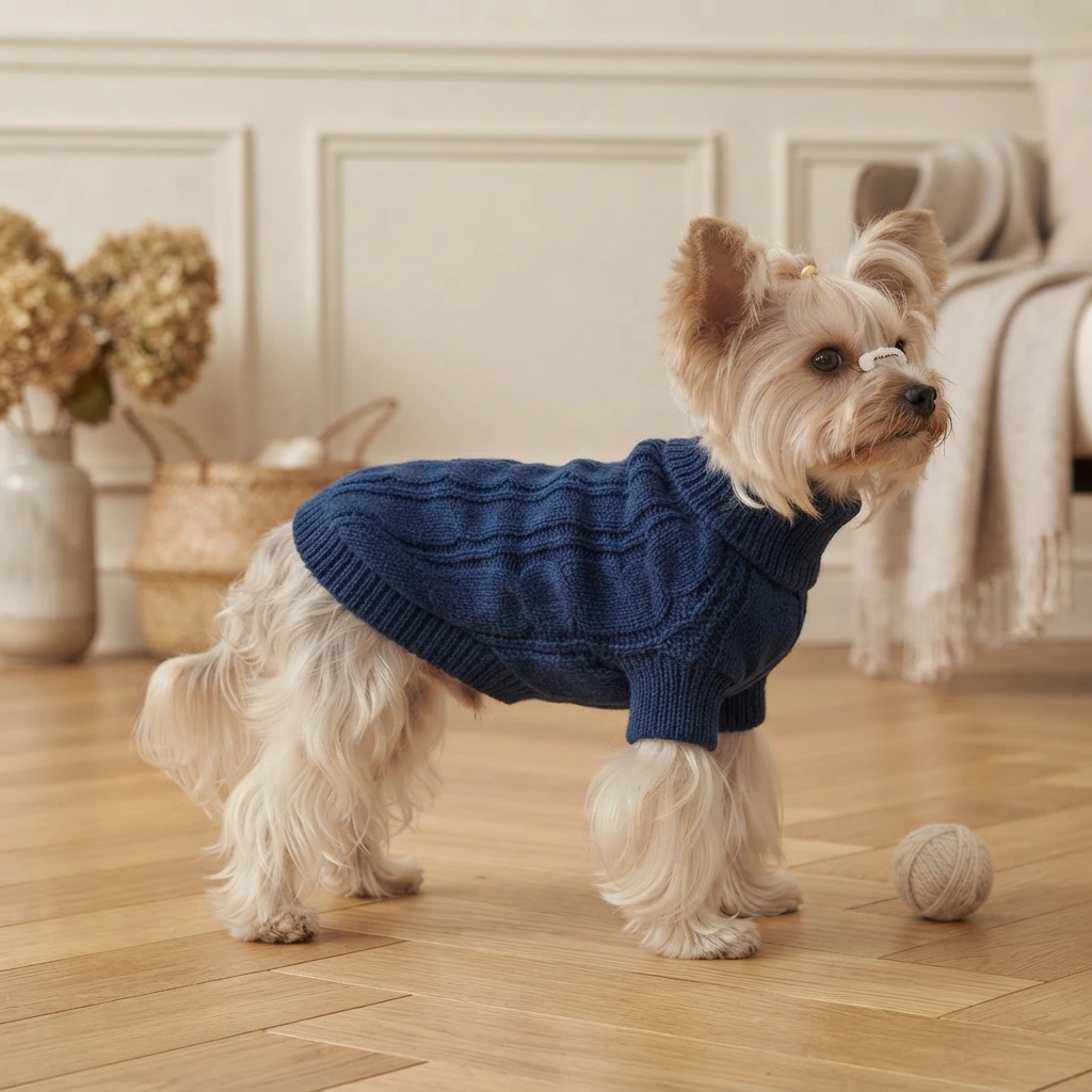 Textured blue twisted knit pet hoodie for cooler days