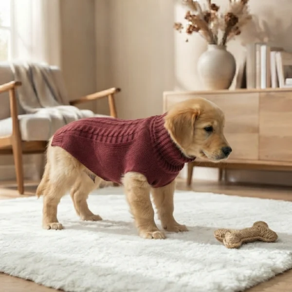 Warm burgundy knit turtleneck dog sweater for autumn and winter