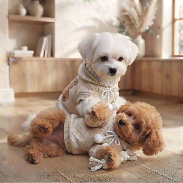 cozy-bear-dog-sweatshirt Cozy cartoon bear sweatshirt for dogs at home