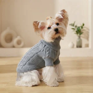 Grey twisted knit dog hoodie with a textured knit design