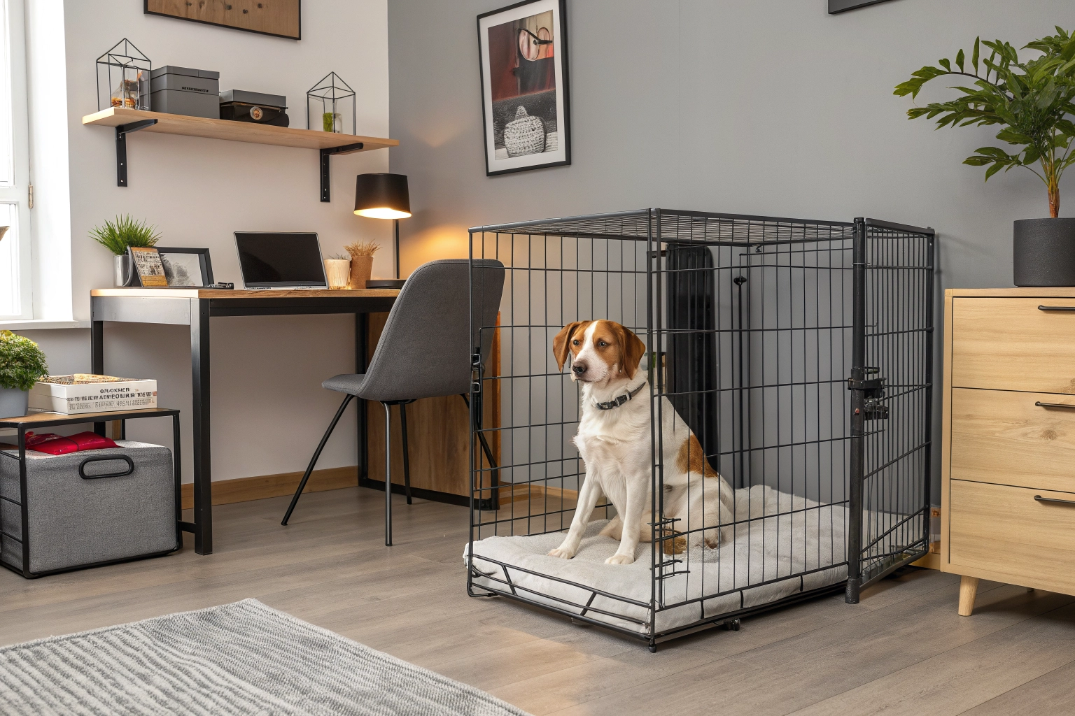 A peaceful dog resting in an elegant home with a dog bed and crate, comparing dog bed vs dog crate