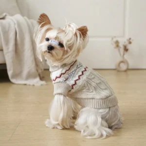 Light khaki knit high neck dog sweater with a soft feel