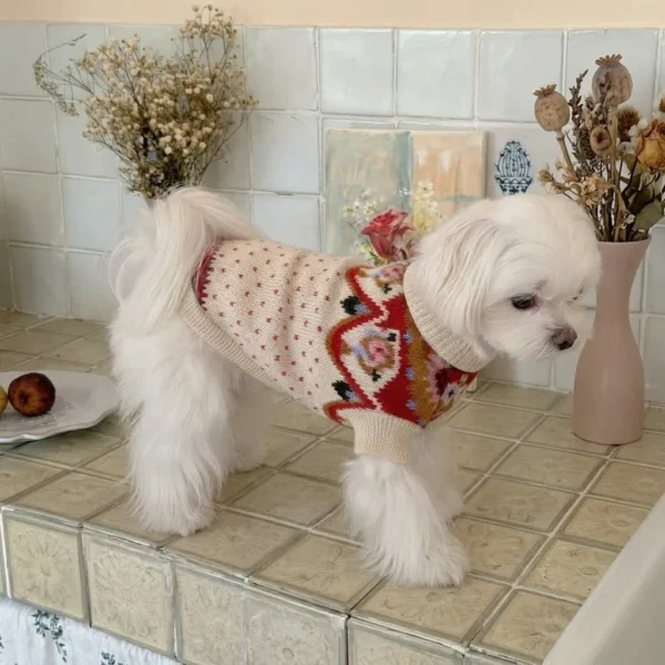 red-flower-knit-dog-sweater Red flower knit dog sweater with white base