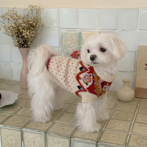 red-white-floral-sweater Red and white floral flower dog sweater for cooler days