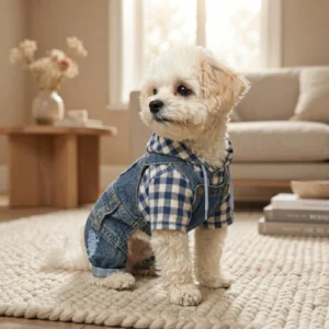 Sky blue faux denim dog overalls with a classic denim-inspired look