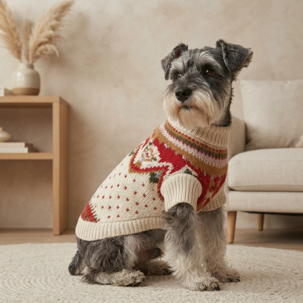 White flower dog sweater with red flower pattern