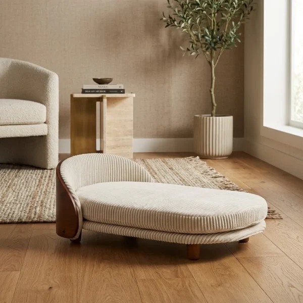 oakley-wood-dog-bed-home Elevated wood dog bed styled in a modern living room